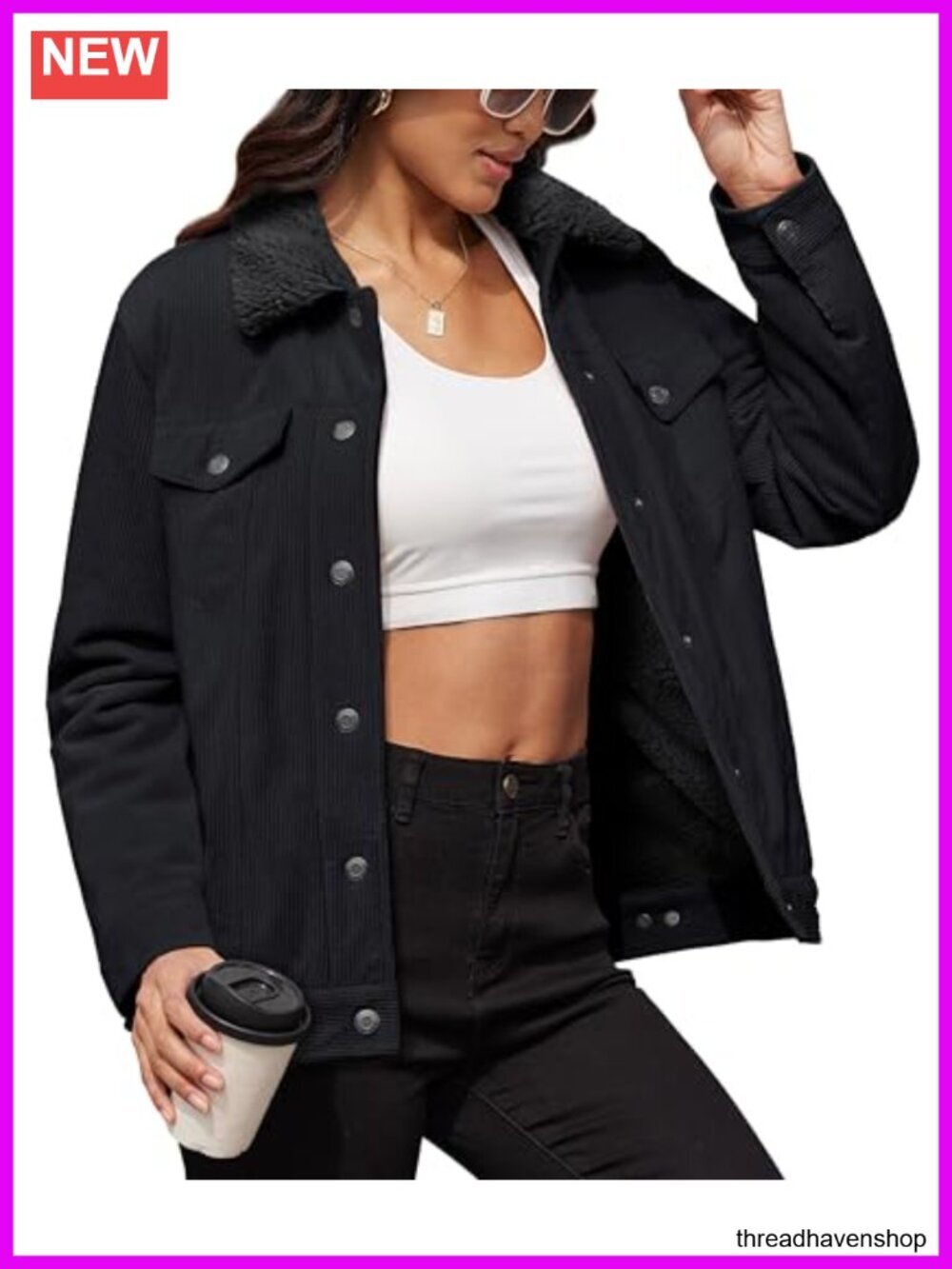 Corduroy Jacket Sherpa Fleece Lined Button Down Casual Coat with Pockets